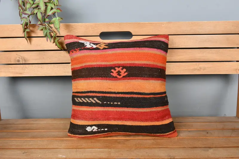 18x18 Orange Pillow Case, Kilim Cushion Sham, Throw Kilim Pillow, Pillow, Kilim Pillow Cover, Boho Throw Cushion Cover, Pet Cushion Case - 6