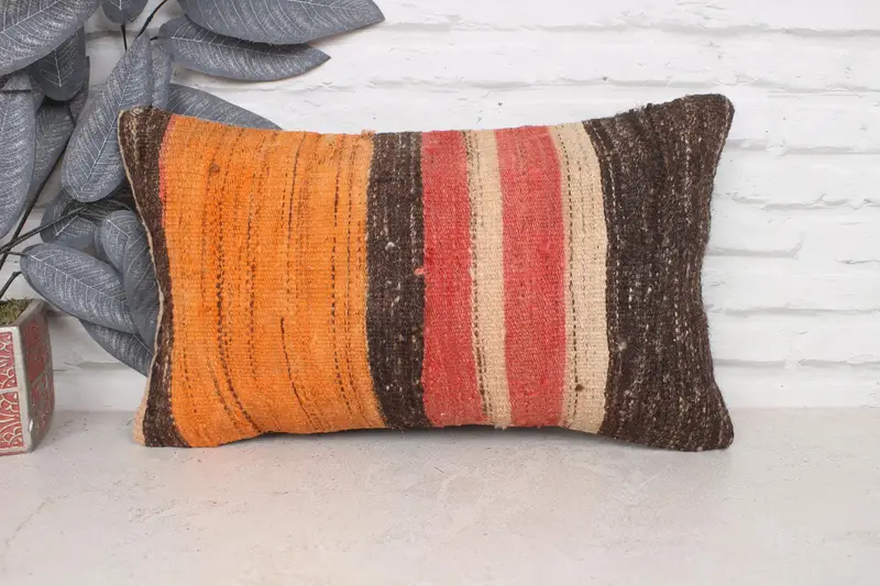 Home Decor Pillow, 12x20 Orange Pillow Cover, Bolster Pillow, Aesthetic Pillow Sham, Vintage Kilim Pillow, Pillow for Couch, Pillow Case - 1