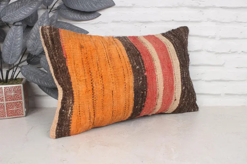 Home Decor Pillow, 12x20 Orange Pillow Cover, Bolster Pillow, Aesthetic Pillow Sham, Vintage Kilim Pillow, Pillow for Couch, Pillow Case - 3