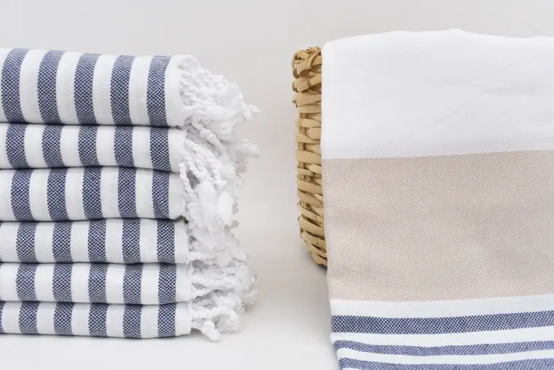 Personalized Navy Blue-Beige Striped Towel, Handmade Organic Cotton, 70x40 Inches