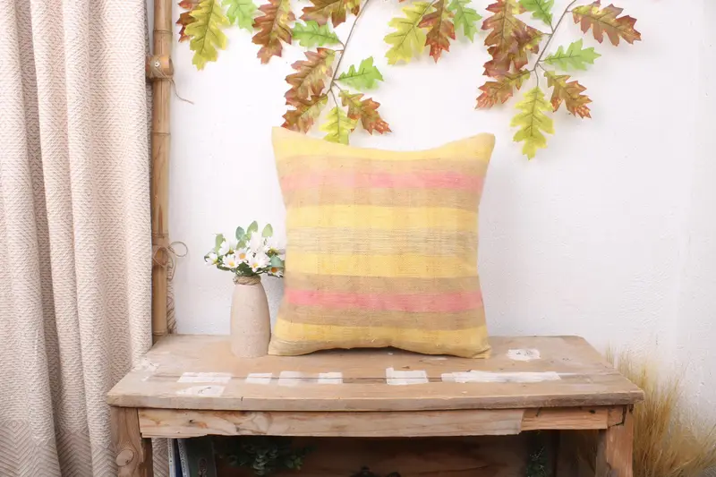16x16 Yellow Pillow, Cushion, Handmade Kilim Cushion, Kilim Pillow Cover, Toss Pillow Sham, Kilim Cushion Sham, Accent Cushion, Bed Cushion - 1