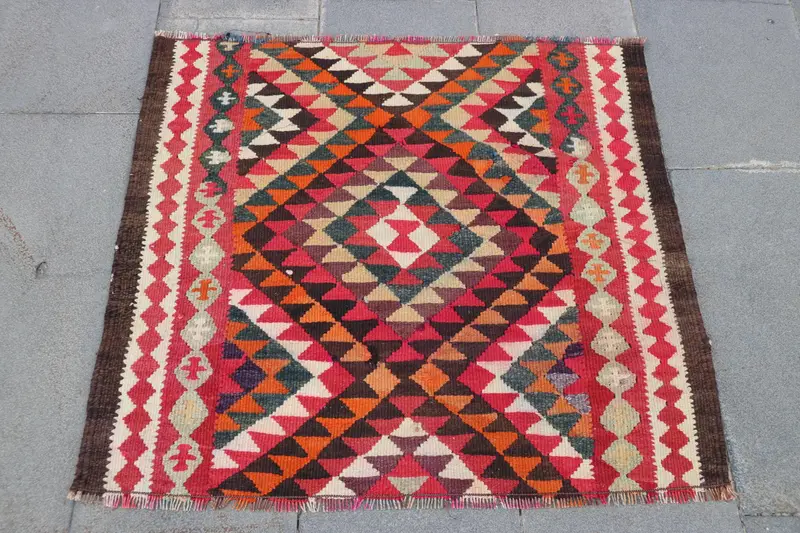 Turkish Small Rug 3x2.7 ft, Red Check Vintage Wool Rug - 1
