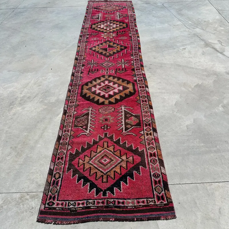 Turkish Vintage Herki Rug 2.7x13 ft (83x396 cm), Red Animal Print Wool Rug - 1