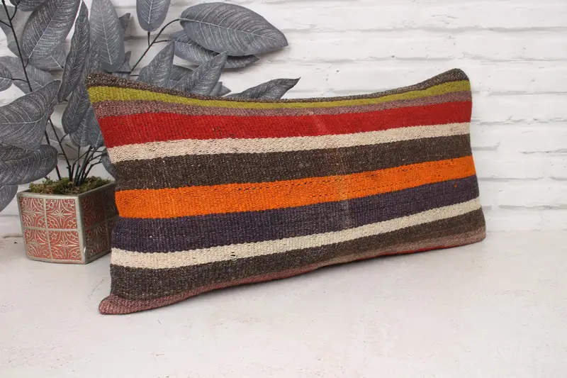Handmade Rug Seat Pillow Sham, Cushion Cover, Boho Pillow, Antique Pillows, Neutral Pillow Case, Kilim Pillow, 12x24 Brown Cushion Case - 3
