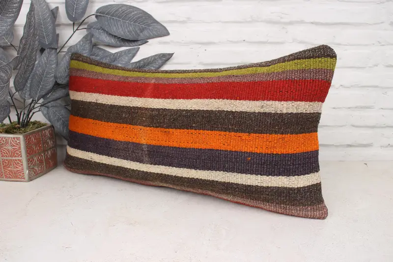 Handmade Rug Seat Pillow Sham, Cushion Cover, Boho Pillow, Antique Pillows, Neutral Pillow Case, Kilim Pillow, 12x24 Brown Cushion Case - 4
