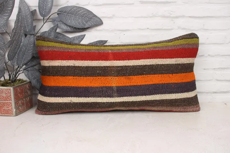 Handmade Rug Seat Pillow Sham, Cushion Cover, Boho Pillow, Antique Pillows, Neutral Pillow Case, Kilim Pillow, 12x24 Brown Cushion Case - 1