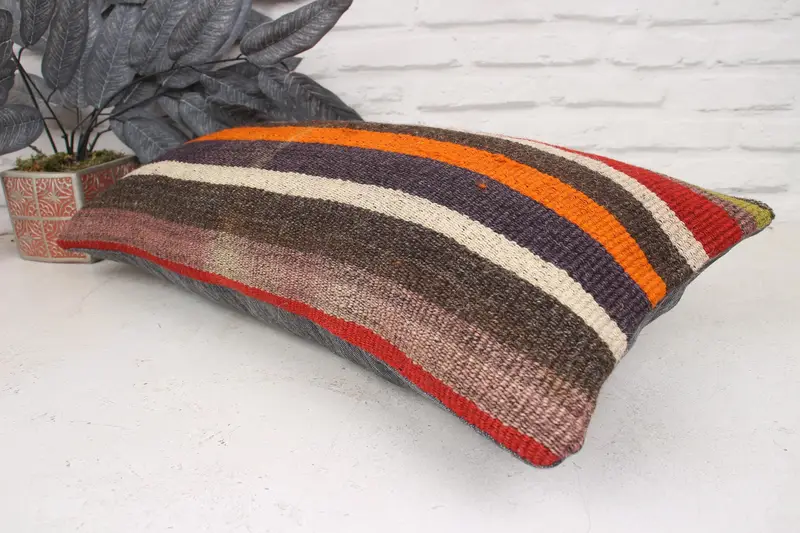 Handmade Rug Seat Pillow Sham, Cushion Cover, Boho Pillow, Antique Pillows, Neutral Pillow Case, Kilim Pillow, 12x24 Brown Cushion Case - 6