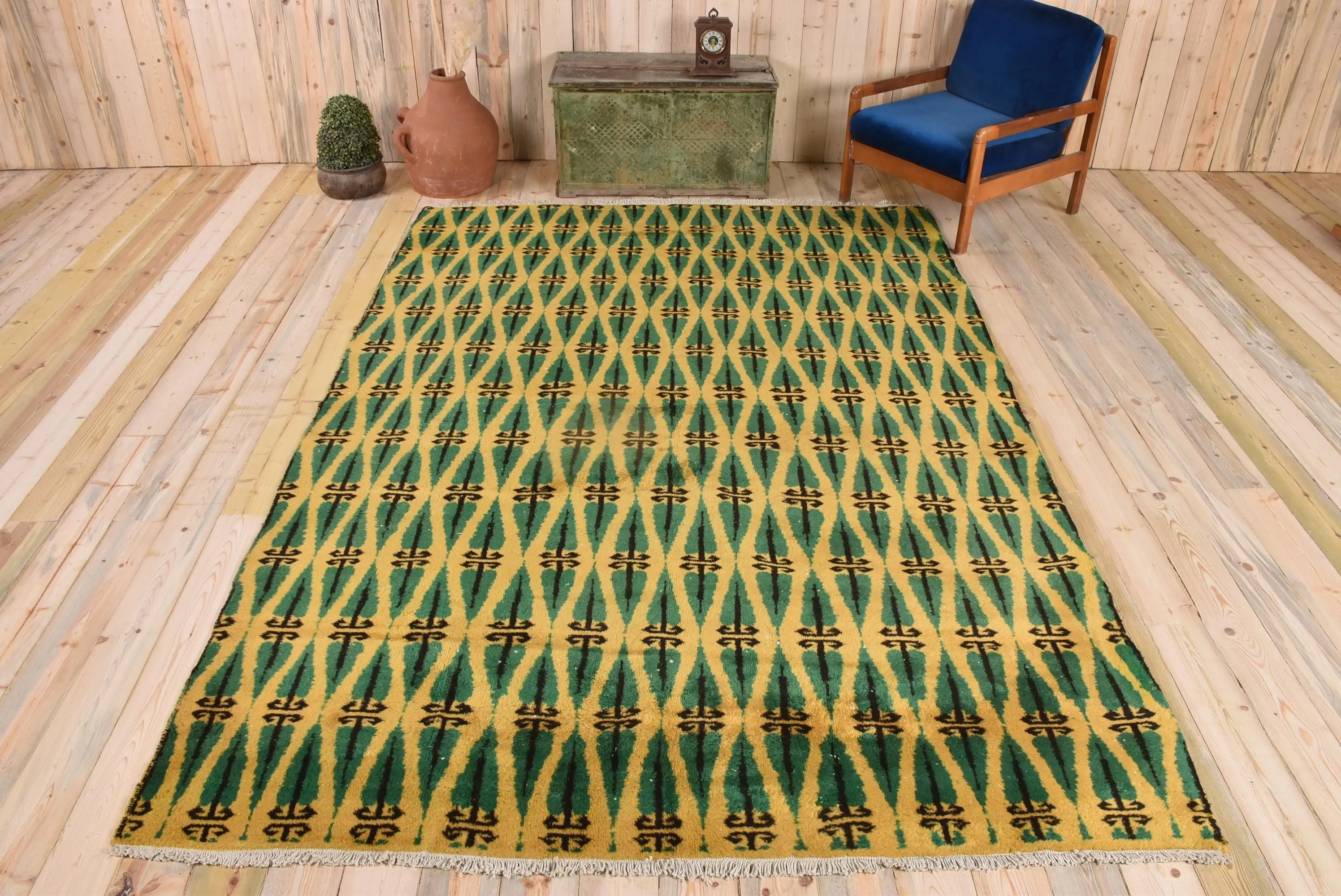 Vintage Turkish Rug, 7x10.1 ft Rug, Green Yellow Plants & trees Rug - 1