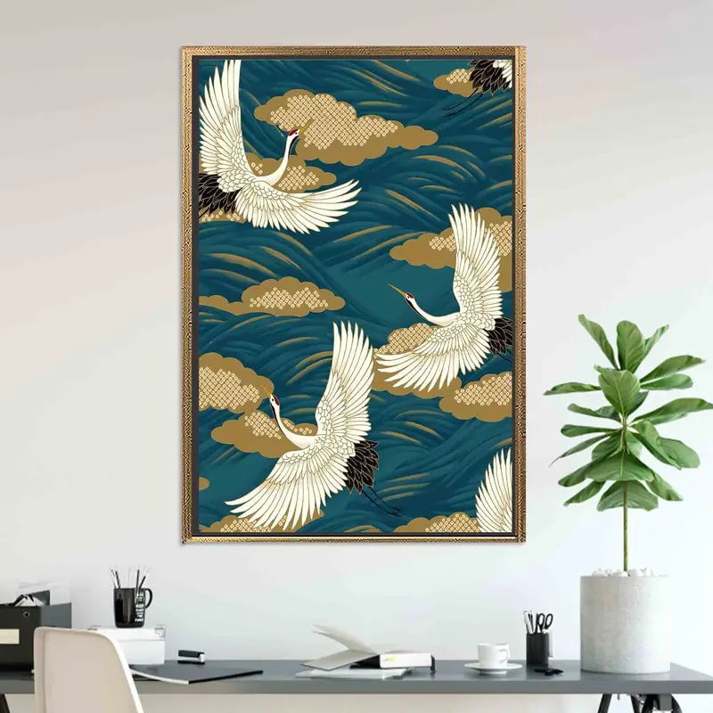 Eleganter abstrakter Leinwanddruck mit japanischen Kranichvögeln
