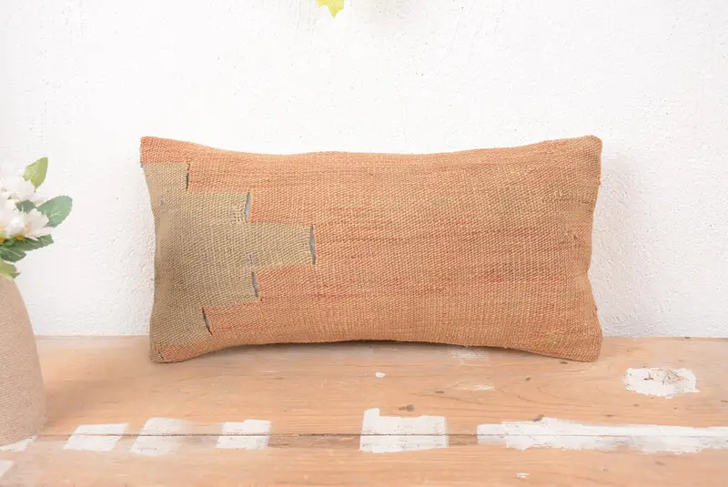 Orange & Beige Embroidered Throw Pillow, Vintage Geometric Cushion