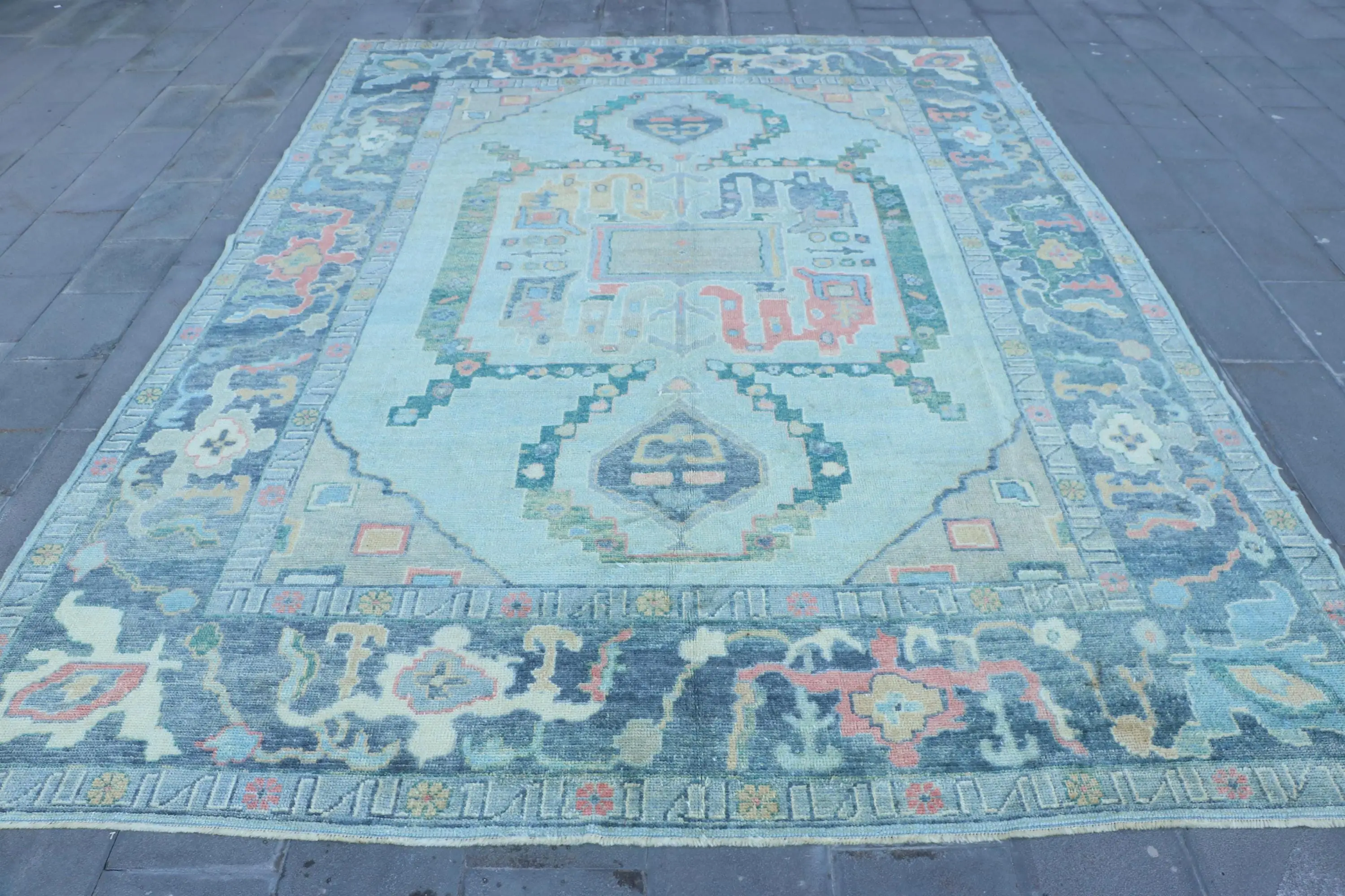 9.4x12.9 ft Vintage Oversize Rug, Blue Red Turkish Camouflage Wool Rug - 1