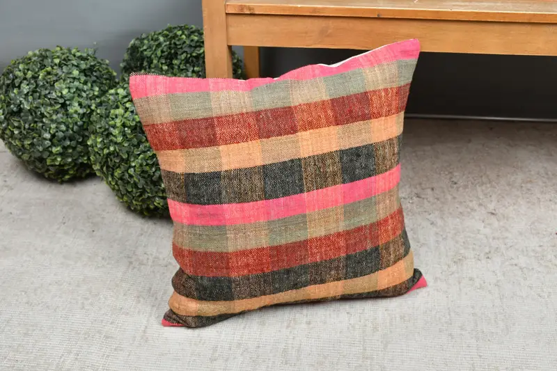 Patio Cushion Cover, Pillow for Couch, Turkish Kilim Pillow, Boho Pillow Sham Cover, Pillow Sham, Aesthetic Pillow Case, 18x18 Pink Cushion Case - 7