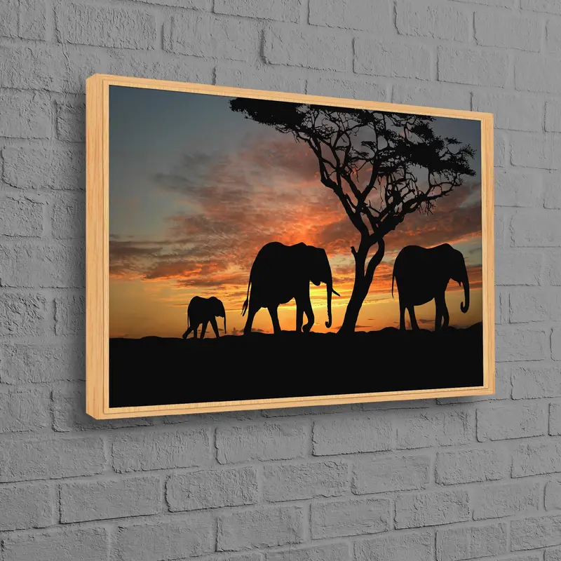 Lienzo elegante con puesta de sol de elefante: impresión artística de paisaje africano