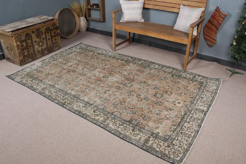 Türk Vintage Halı 4.9x8 ft, Kahverengi Oushak Puantiyeli Halı - 1