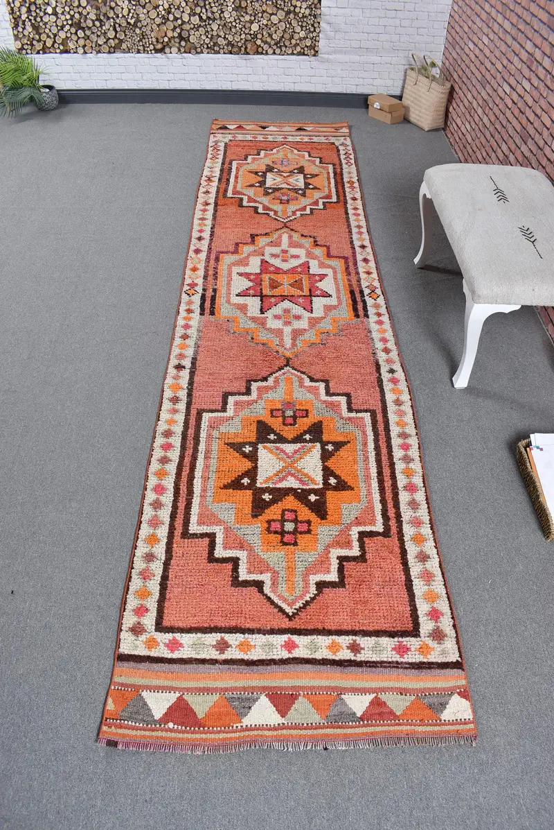 2.9x12.2 ft Turkish Rug, Vintage Runner Rug, Orange Brown Patchwork Wool Rug - 1