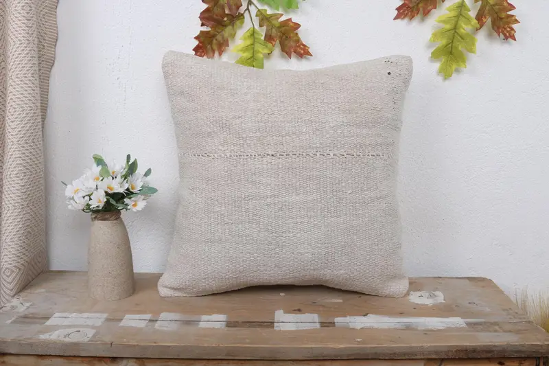 Antique Pillows, Ethnical Kilim Rug Pillow, Outdoor Cushion Case, 16x16 Beige Pillow Sham, Home Decor Pillow, Authentic Pillow Case, Pillow Sham - 1