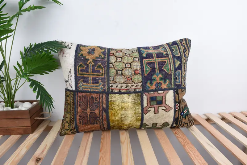 Throw Kilim Pillow, Cushion Case, 20x28 Blue Cushion Cover, Boho Pillow, Vintage Pillow, Aesthetic Cushion, Knitted Pillow Case - 1