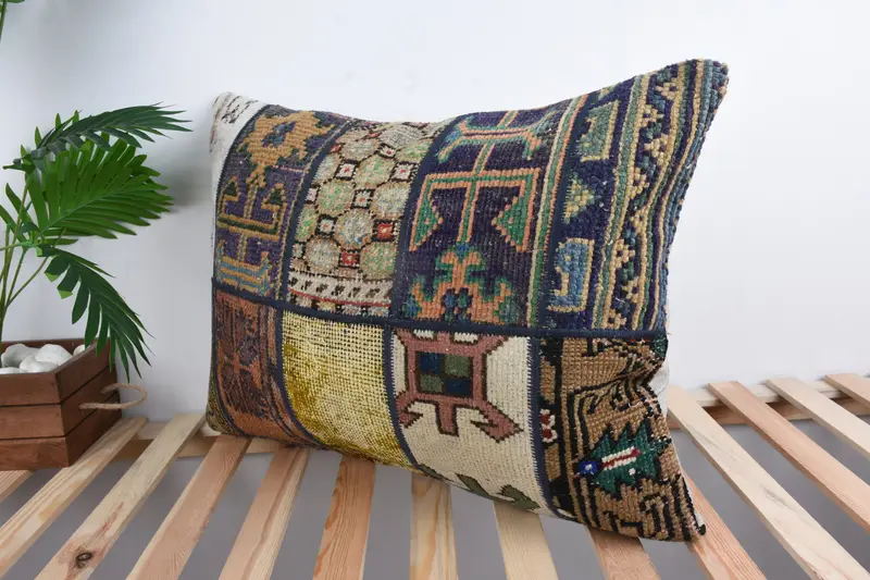 Throw Kilim Pillow, Cushion Case, 20x28 Blue Cushion Cover, Boho Pillow, Vintage Pillow, Aesthetic Cushion, Knitted Pillow Case - 5