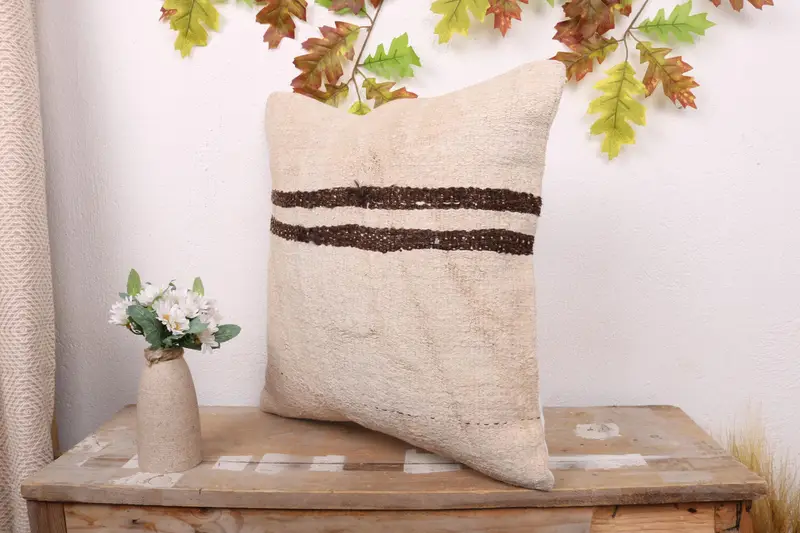 18x18 Beige Pillow Cover, Cushion Case, Handmade Kilim Cushion, Outdoor Pillow, Ethnic Throw Pillow, Boho Pillow, Throw Kilim Pillow - 4