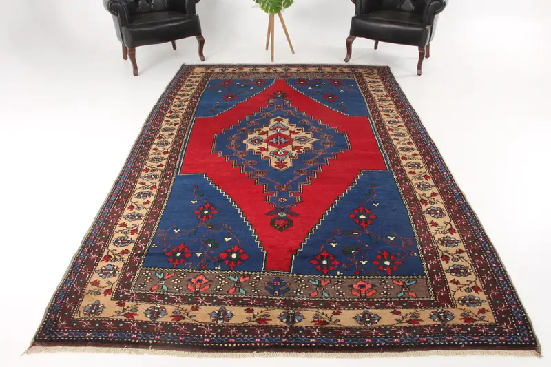 Turkish 6.3x10 ft Rug, Large Vintage Rug, Red Blue Camouflage Wool Rug - 1
