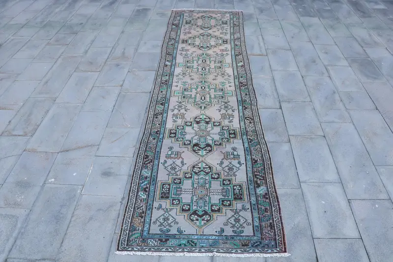 3.3x12.4 ft Rug, Runner Turkish Rug, Blue Oushak Polka dot Rug - 1