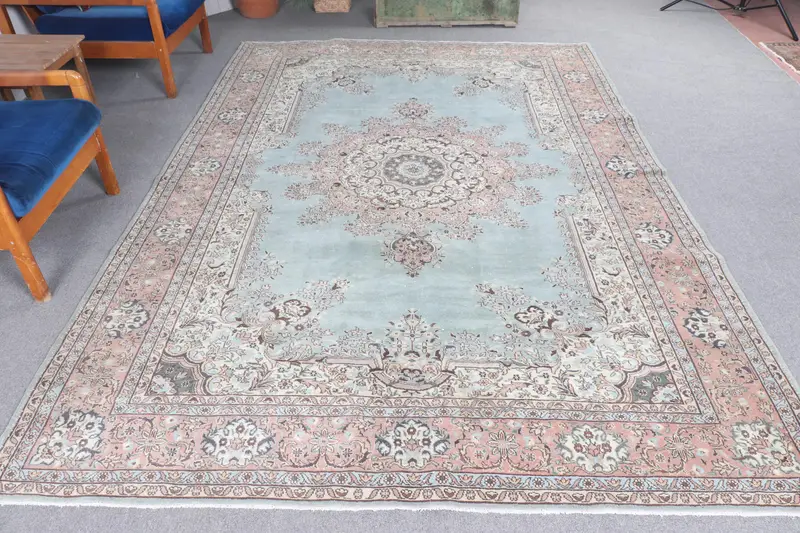 Vintage Türk Halısı, 6.9x10 ft Oushak Halı, Mavi Pembe Kareli Halı - 1