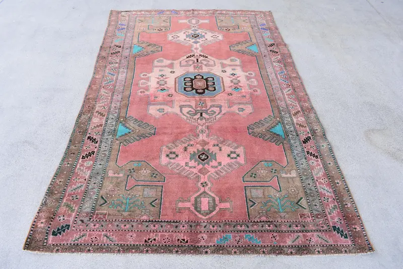 Vintage 5.4x8.6 ft Büyük Halı, Türk Halısı, Oushak Turuncu Bordürlü Halı - 1