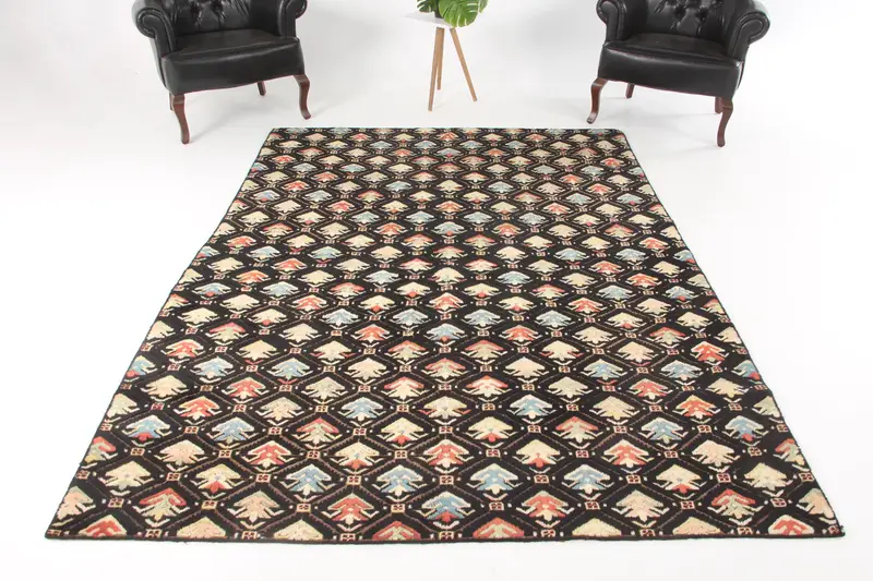 Vintage Rug, Large 6.2x8.5 ft Turkish Rug, Black Ikat Wool Rug - 1