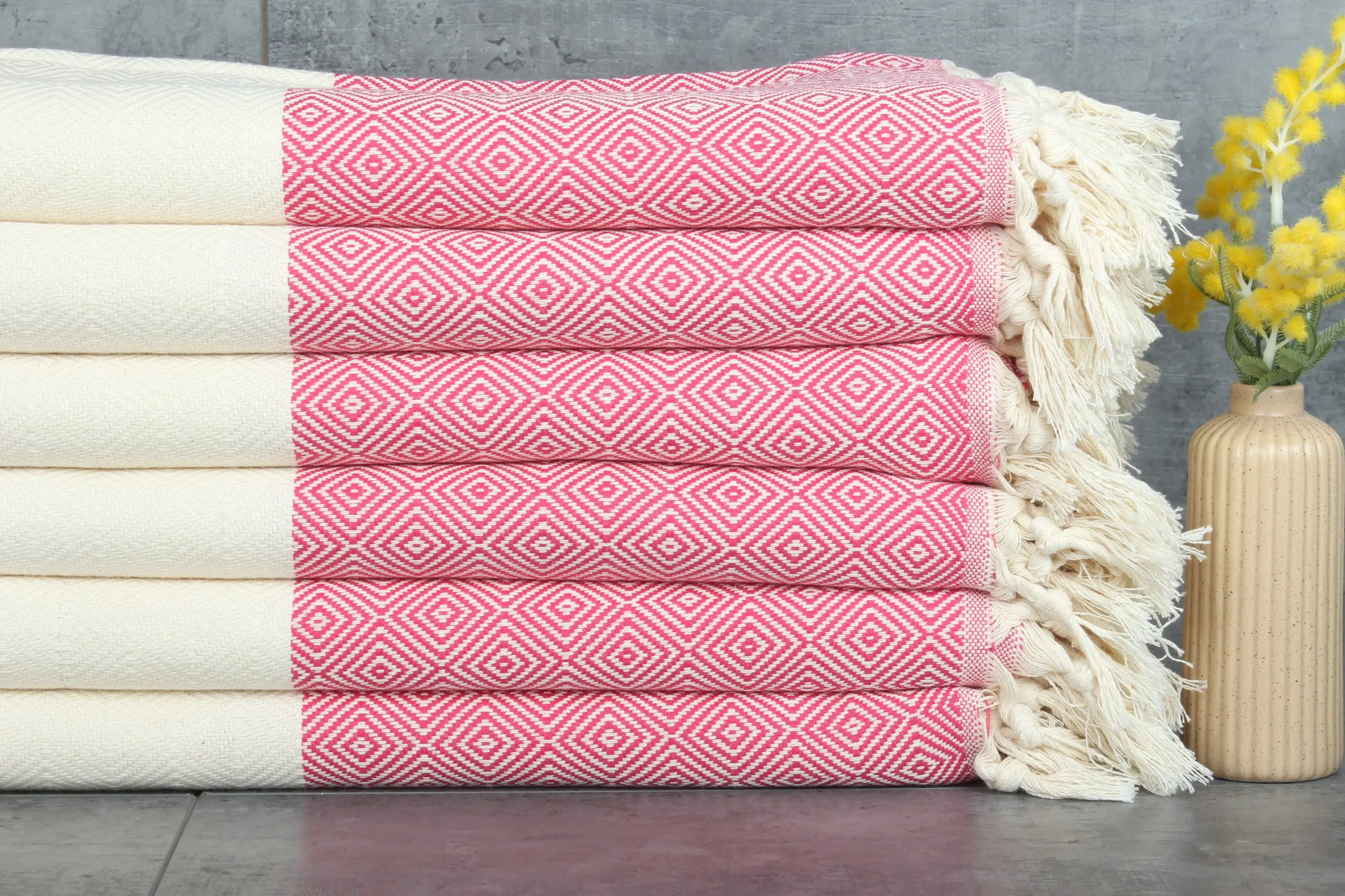 Diamond Throw Fuchsia Cotton Throw Blanket Couch, 79x95 Inches - 1