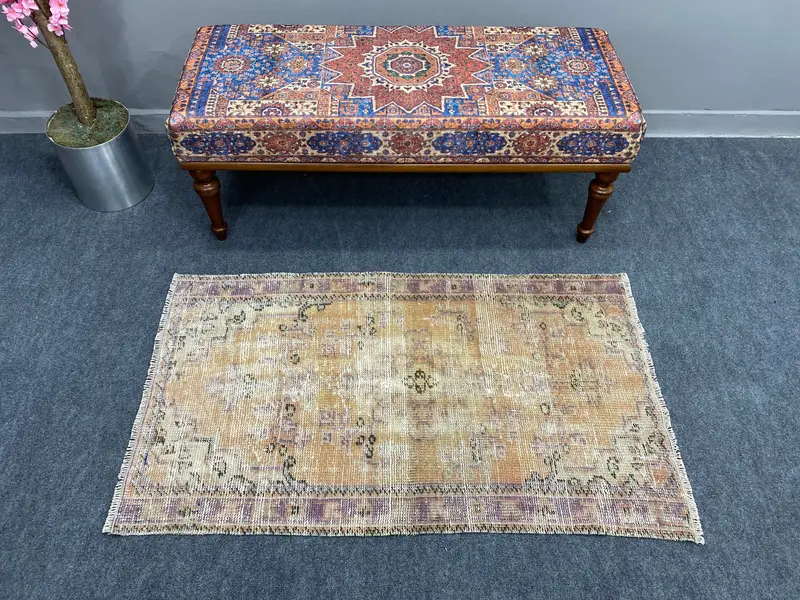 Turkish Vintage Small Rug 2.5x4.2 ft (75x128 cm), Brown Oriental Oushak Rug - 1