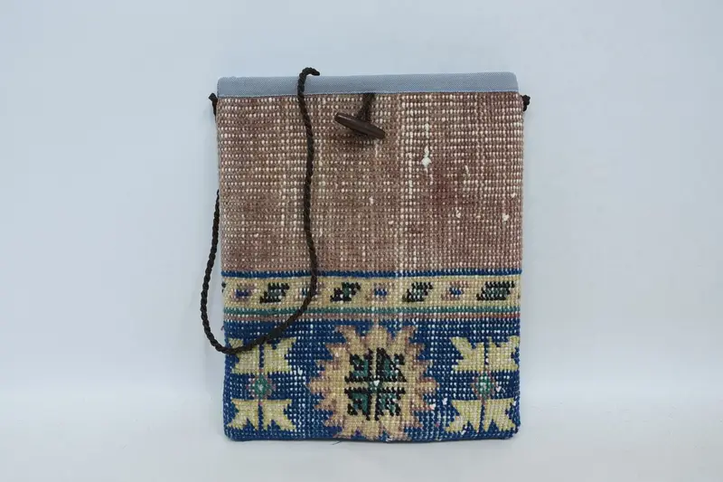 Vintage Motifli Yün Omuz Çantası, Fermuar Kapama Kilim Çanta