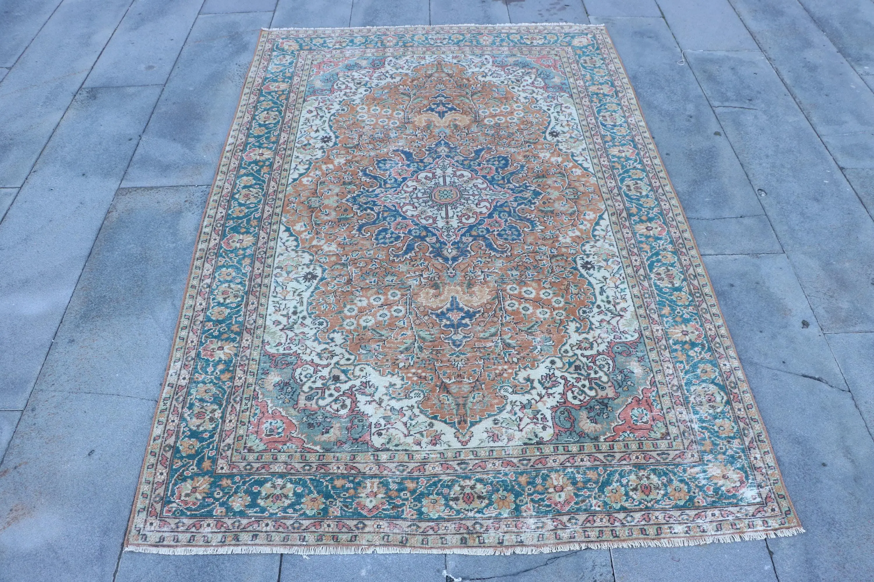 4.2x6.4 ft Rug, Turkish Vintage Rug, Blue Moroccan Wool Rug - 1