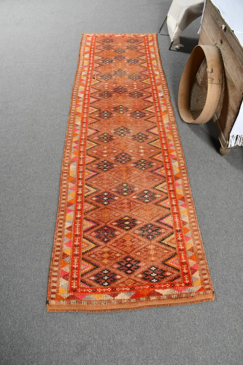 2,9x9,7 ft Herki Teppich, türkischer Vintage Teppich, braun orange Blumenteppich - 1