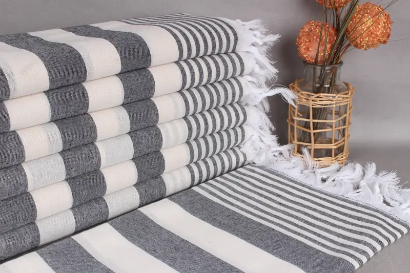 Personalized Cream-Black Striped Towel, Organic Cotton, 36x67 Inches