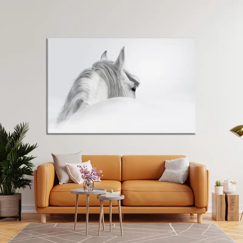 Modern White Horse Canvas: Elegant Office & Living Room Decor