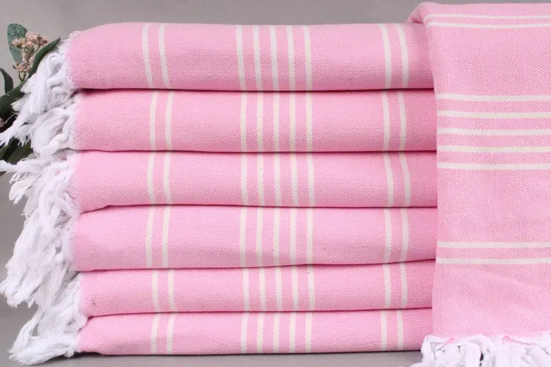 Handwoven Turkish Pink Striped Throw Blanket, Beige, 71x95 Inches