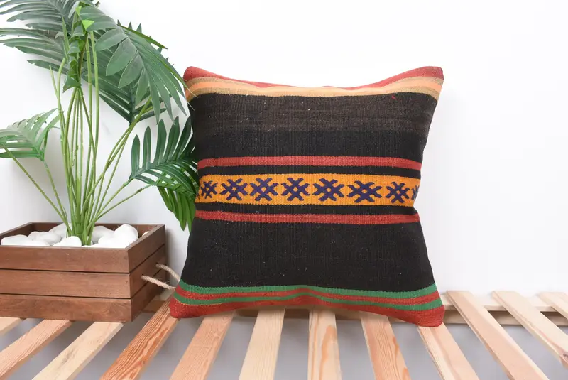 Cushion Cover, Boho Pillow, Ethnic Pillow Cover Pillow Case, Kilim Pillow Cover, Indoor Pillow, Turkish Kilim Pillow, 18x18 Brown Pillow Sham - 1