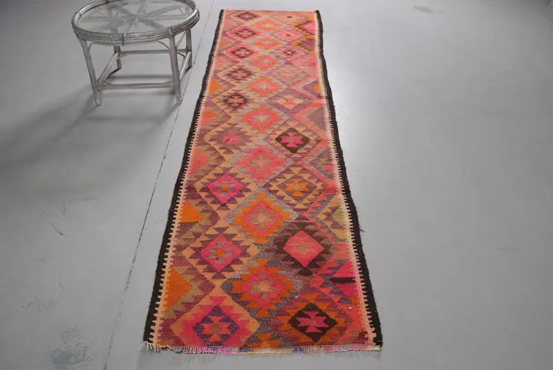 2.6x10 ft Herki Türk Halısı, Kırmızı Katı Vintage Halı Yün - 1