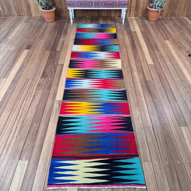 Turkish 2.6x10.9 ft Rug, Runner Vintage Rug, Blue Red Camouflage Rug - 1