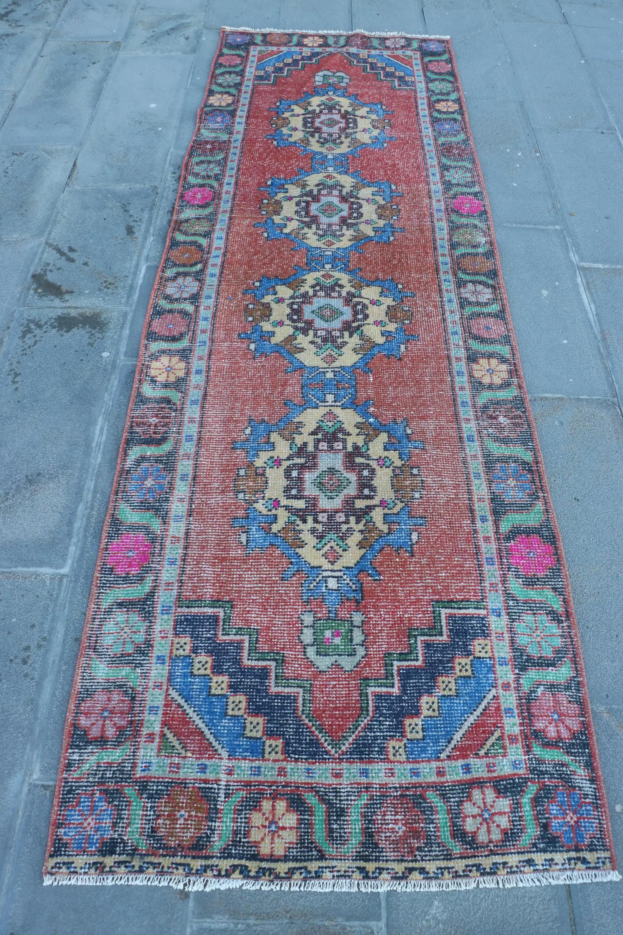 3.1x9.7 ft Vintage Rug, Turkish Runner Rug, Red Blue Rug - 1