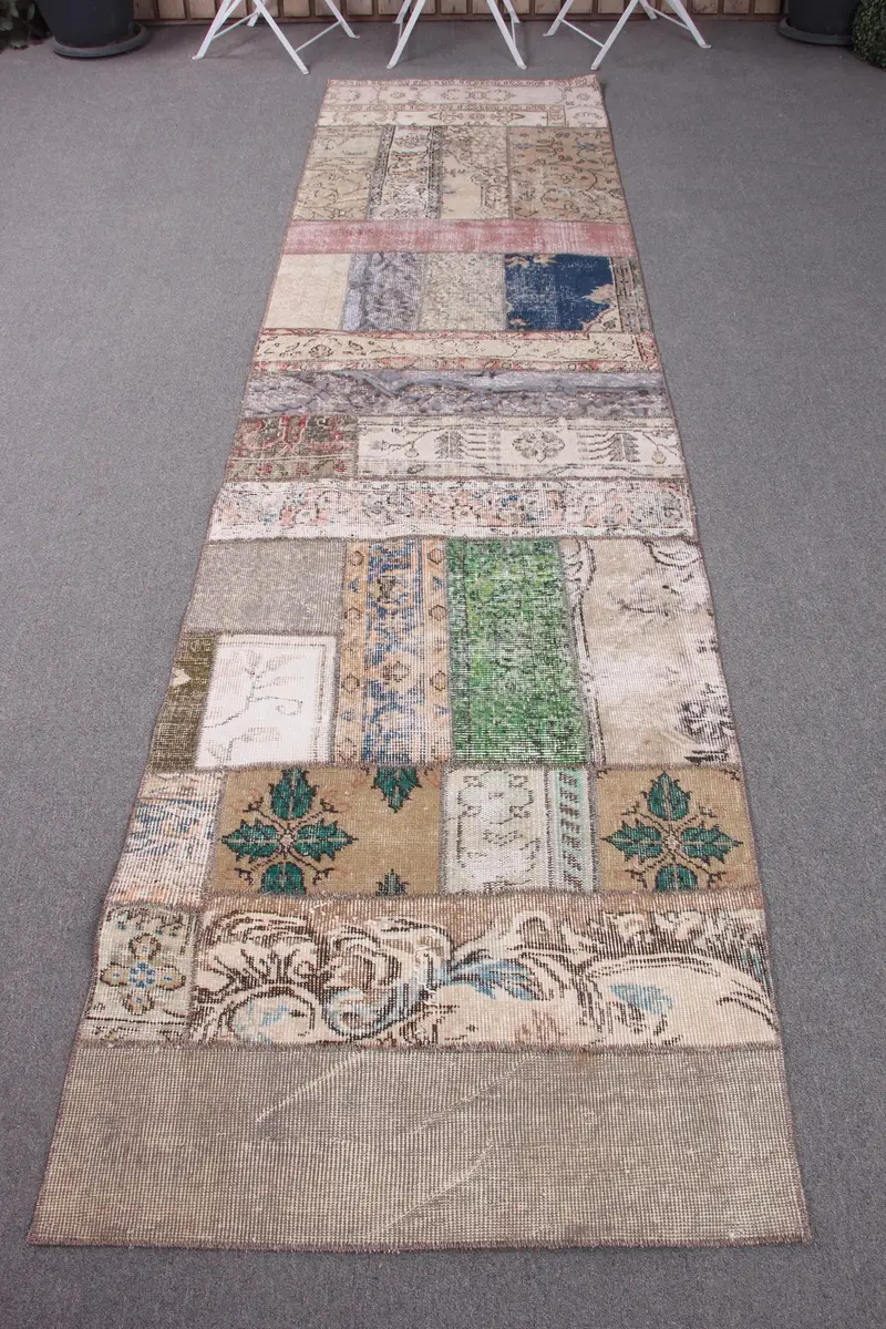 Handmade Beige Rug, 2,8x10,8 ft Bordered Design