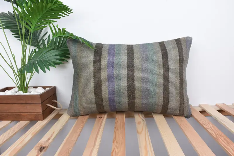 Ethnical Kilim Rug Pillow, Handmade Kilim Cushion, Home Decor Pillow, 16x24 Brown Pillow Sham, Pillow Cover, Sustainable Cushion Cover - 1