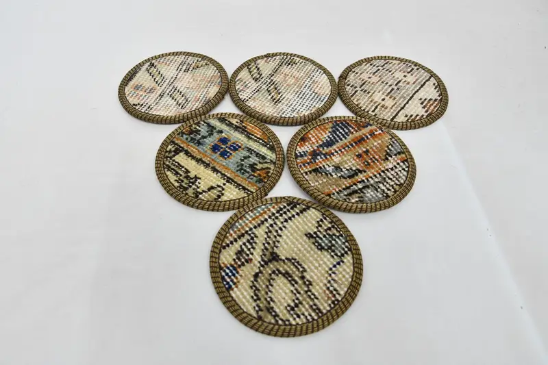 Set of Six Bohemian Round Coasters, Beige and Orange Coasters