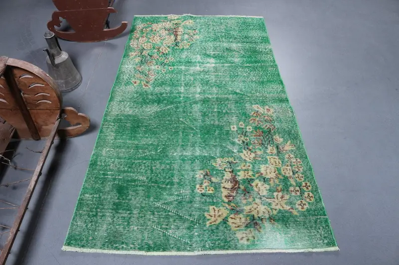 Türk 3.4x6.3 ft Halı, Oushak Vintage Halı, Yeşil Çiçekli Yün Halı - 1