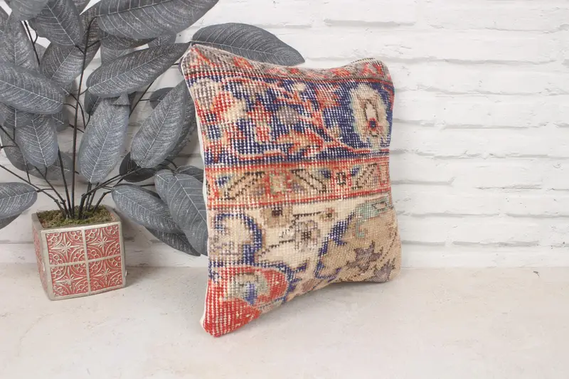 Yastık örtüsü, 14x14 mavi yastık örtüsü, ikat yastık kapağı, vintage Kilim yastığı, Türk halısı yastık sahte, vintage yastık, antika yastıklar - 3