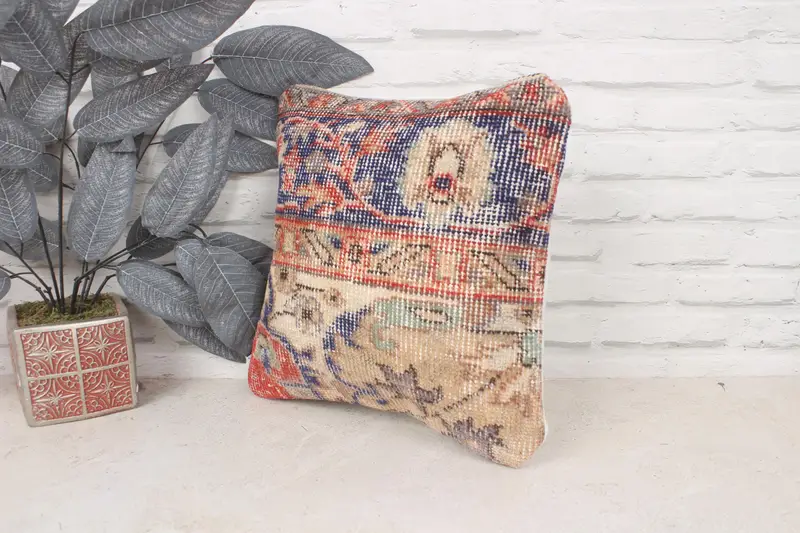 Yastık örtüsü, 14x14 mavi yastık örtüsü, ikat yastık kapağı, vintage Kilim yastığı, Türk halısı yastık sahte, vintage yastık, antika yastıklar - 4