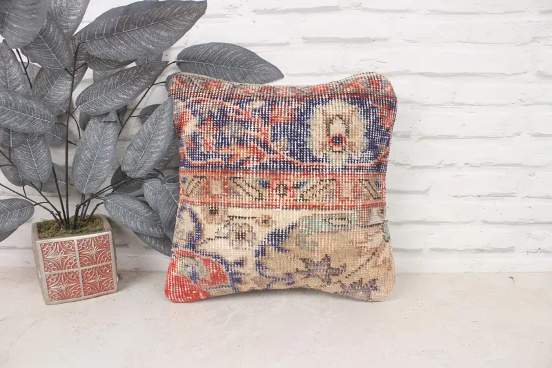 Yastık örtüsü, 14x14 mavi yastık örtüsü, ikat yastık kapağı, vintage Kilim yastığı, Türk halısı yastık sahte, vintage yastık, antika yastıklar - 1