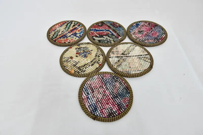 Bohemian Round Coasters, Blue and Beige Ethnic Coasters