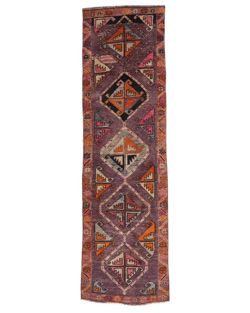 Vintage Herki Runner Halı 2.9x10.3 ft (89x315 cm), Türk Kırmızı Soyut Yün Halı - 1
