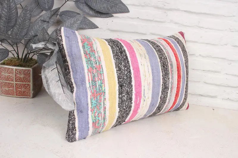 Toss Cushion, Ethnical Kilim Rug Pillow, Turkish Pillow, Bolster Pillow Case, 12x20 Pink Pillow Cover, Kilim Pillow Cover, Pillow Case - 3
